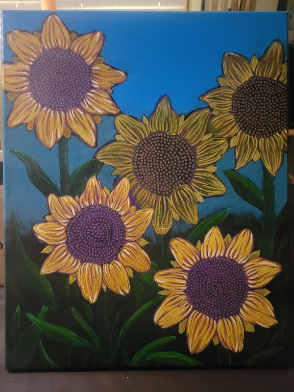 "Sunflowers on Blue" original 16x20 acrylic painting by artis Cassandra Barnhart