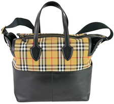 BURBERRY Kingswood Achly Vintage Check Haymarket Black Leather Diaper Tote Bag