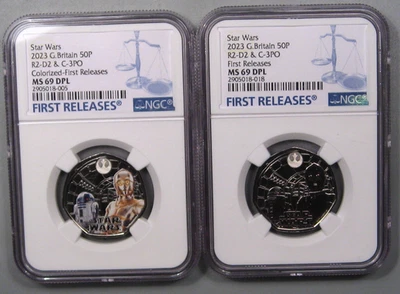 2-2023 Star Wars R2-D2 & C3PO Britain 50p Set. W / & W/O Colorized. NGC MS69DPL - Bild 1 von 4