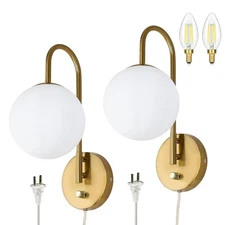 Globe Plug-In Wall Sconce Set of 2,with  6.56ft Power Cord Bedroom Wall Lighting