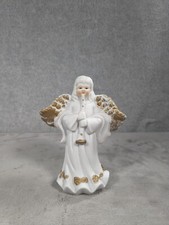 Vintage White Gold Porcelain Angel Playing Instrument Candlestick Holder 5.5"