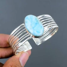 Larimar Gemstone Bangle 925 Silver Handmade Women Cuff Bracelet Jewelry #021