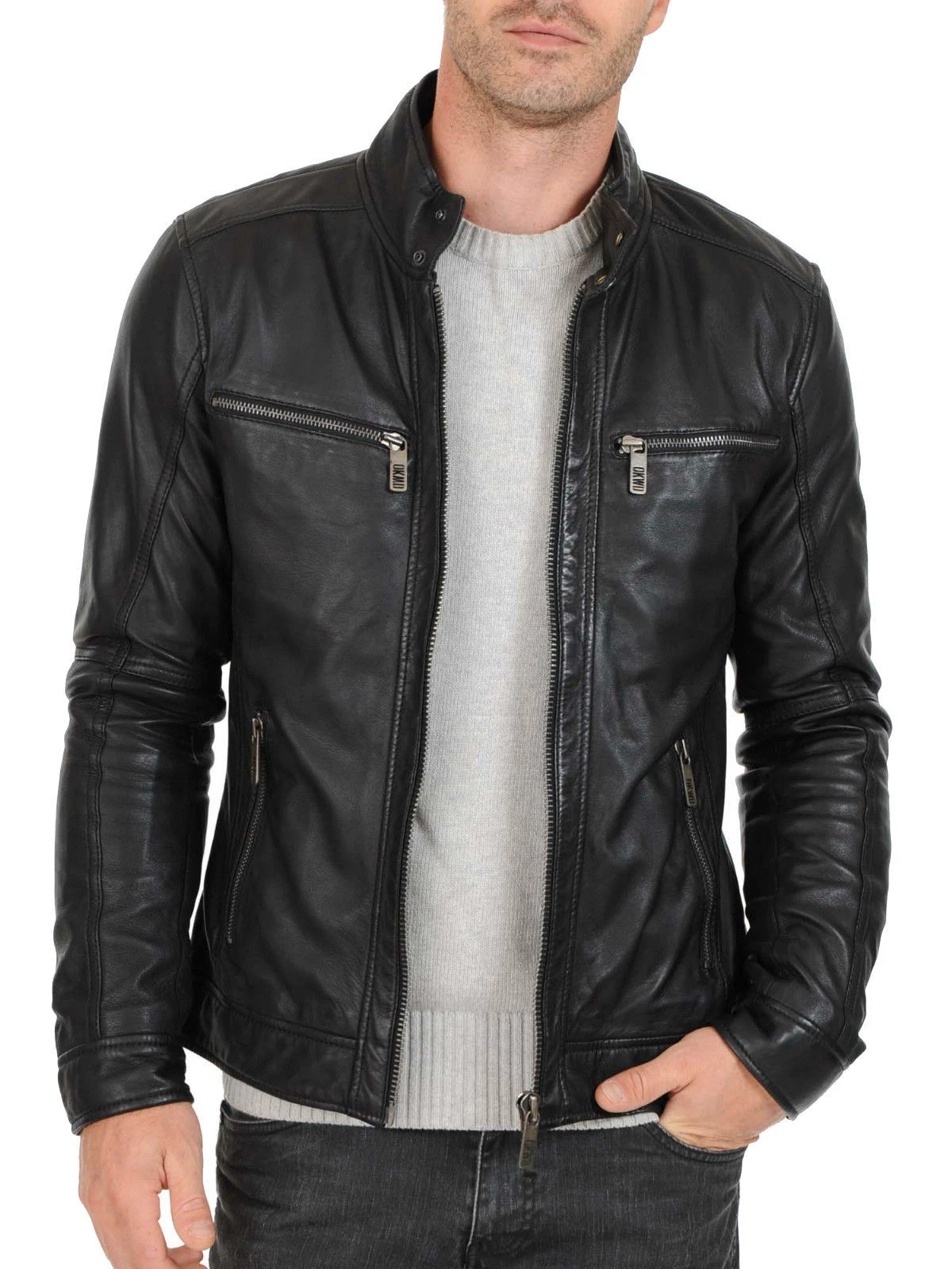 Mens Black Leather Jacket Real Lambskin Slim Fit Biker Moto Jacket S M L XL- 057