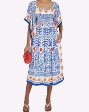 Farm Rio XS Afternoon Breeze Caftan Midi-Dress in White Blue 