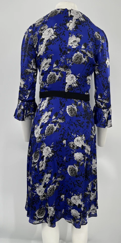 Vestido midi Prabal Gurung azul seda manga 3/4 negro/blanco estampado floral talla 8 Foto 3 de 4