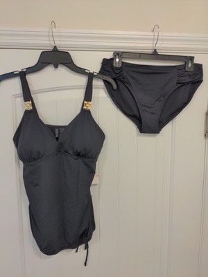 NWT Anne Cole Collection Women's Swimsuit Size 10 Black solid 2 piece with Gold