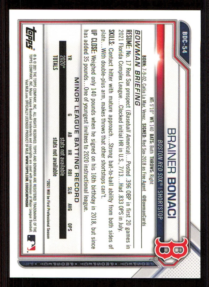 2021 Bowman Chrome Draft Purple Refractors #BDC54 Brainer Bonaci /250 - Image 2 of 2