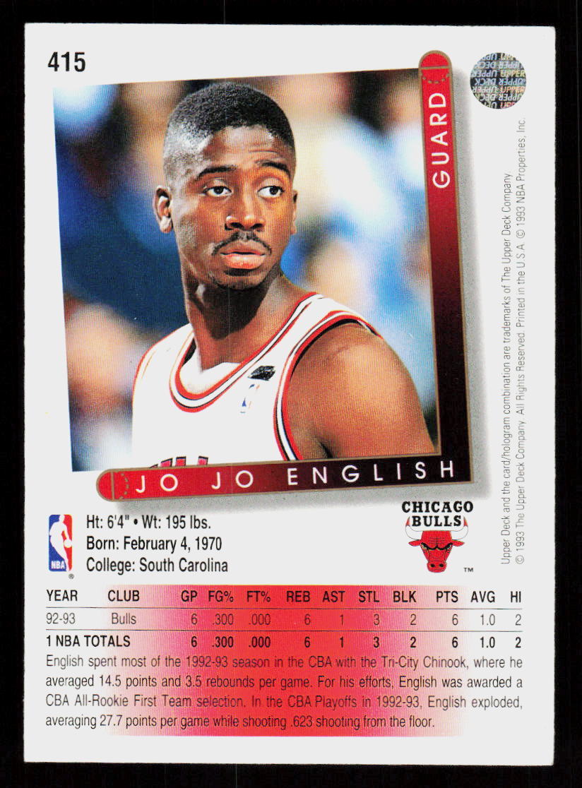 1993 Upper Deck Jo Jo English #415 Basketball Rookie Chicago Bulls