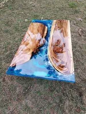 Epoxy Table Top Blue Ocean Waves Resin Rectangular Acacia Wood Furniture