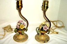 Pair French Porcelain Roses Boudoir Lamps Antique Ormolu Polychrome Creamy Metal