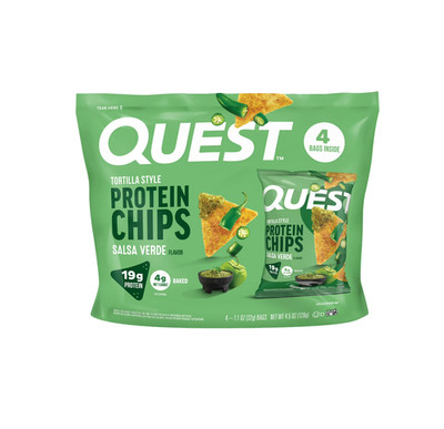Quest Tortilla Style Protein Chips, Salsa Verde Flavored, Baked, 1.1oz, 4 Bags.