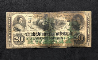 1872 BANK OF PRINCE EDWARD ISLAND $20 DOLLARS BANKNOTE CHARLOTTETOWN 01855