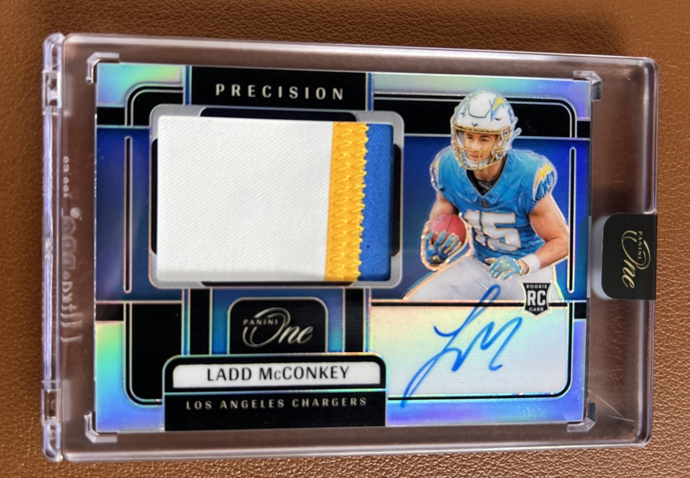 2024 Panini One Ladd McConkey Silver Precision Rookie Patch Auto On Card RC /99