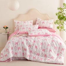 Pink Bow Comforter Set Queen Size Pink Floral Comforter for Girls Kids Romantic