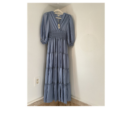Max Studio London Blue Solid Smocked V-Neck Puff 3/4 Sleeve Maxi Dress XS