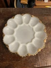 Vintage Anchor Hocking White Milk Glass Deviled Egg Dish Plate Platter Gold Rim