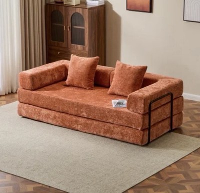 Convertible Floor Sofa Bed Futon Lounge Chair w/ Pillow Armrest Chenille Orange