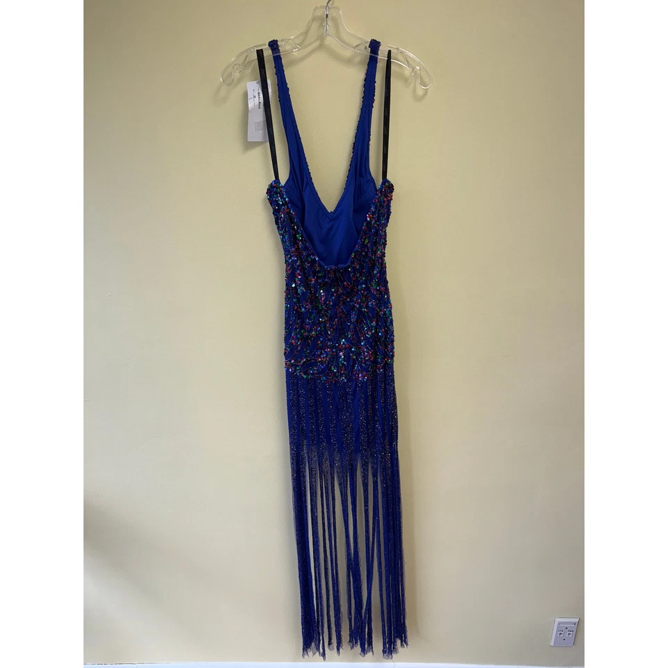 Vivance by Cassandra Stone 令人眼花缭乱的皇家蓝色串珠条纹连衣裙 - M 码 — 第 2/3 张图片