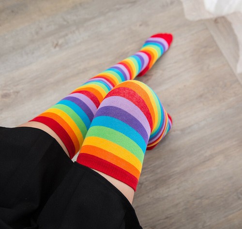 Women Over Knee Socks Rainbow Striped 