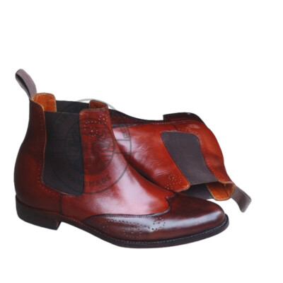 Brown Leather Wing Tip Chelsea Boots. Men's High Ankle Genuine Leather Boot