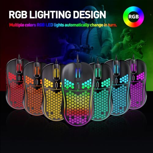 Wired Gaming Mouse Honeycomb RGB Backlit 6 Buttons PC Laptop Ergonomic Mice - Picture 5 of 10