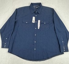 Wrangler Chambray Denim Shirt Men 19/36 70127BT White Pearl Snap Blue BIG