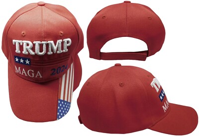 Trump MAGA 2024 USA Flag On Bill Red Adjustable Embroidered Hat Cap