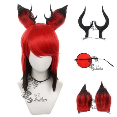 Helluva Boss Alastor Cosplay Wigs Short BlackRed Wig+Ears Glasses Synthetic Hair