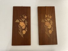 Floral Inlaid Wood Picture Plaques Set of 2 Decor Art 9-5/8  x 4-3/8  x 5/16  