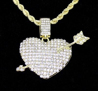 Icy CZ Arrow Heart Pendant 14k Gold Plated 24'' Rope Hip Hop Men Women Necklace