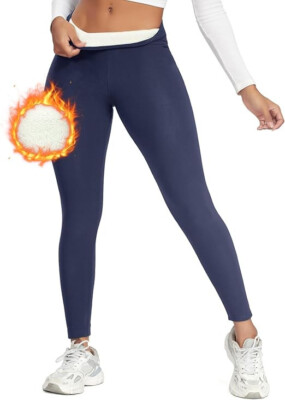 Damen Thermoleggins gefütterte Leggings m. Fleece warm Blickdicht blau Gr. M