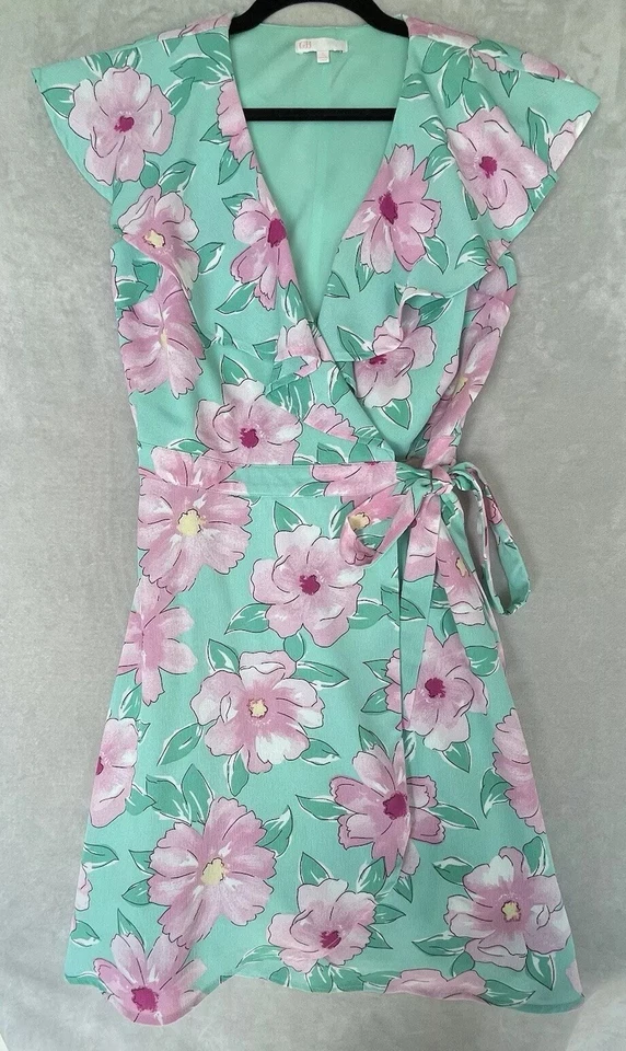 Vestido Gianni Bini Talla Pequeña Verde Rosa Floral Volantes Envoltura Femenino Delicado Evento Foto 3 de 4