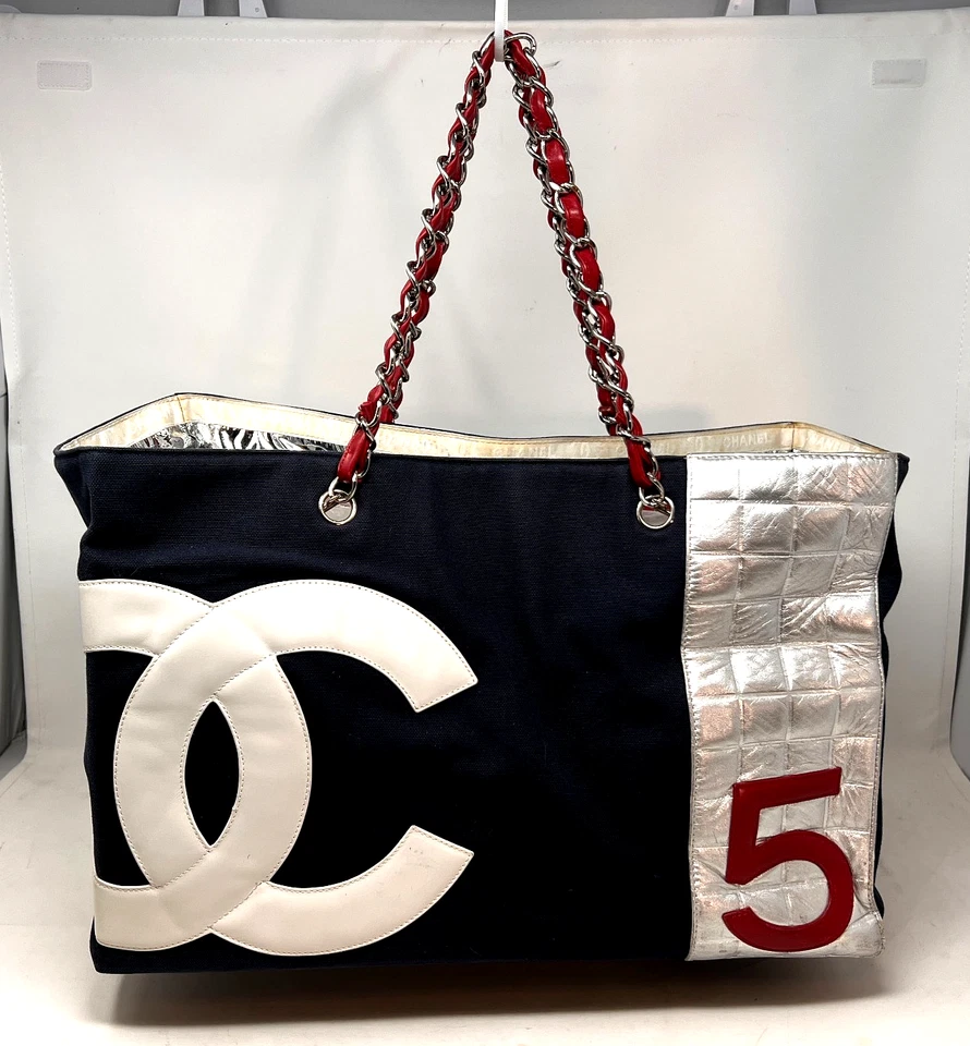 CHANEL Coco Cocoon XXL Large Navy Canvas Tote Bag with Silver Quilted Panel and - Image 4 of 4