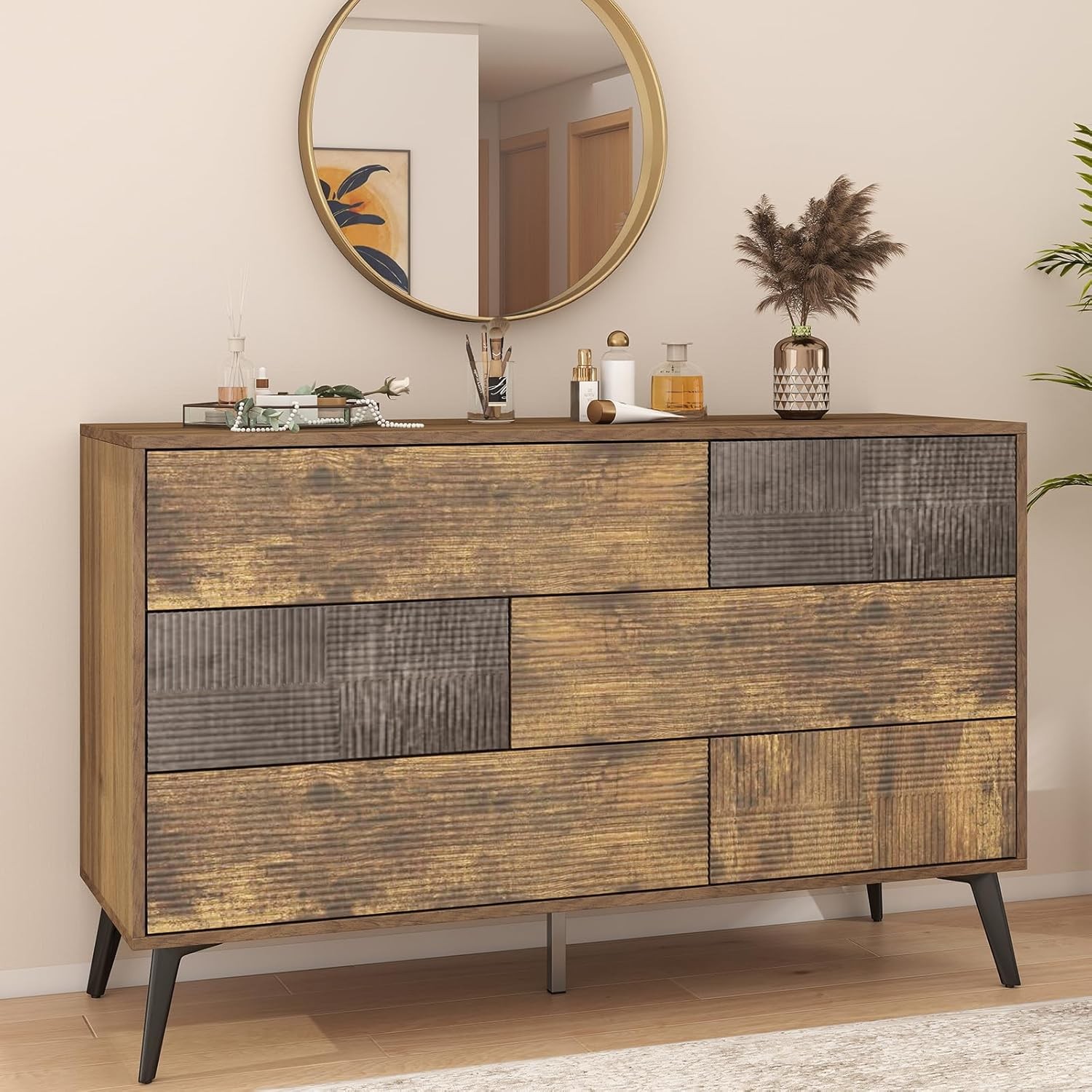 Fluted 6 Drawer Dresser for Bedroom, Wide Chest, Modern Wooden Dresser TV Stand