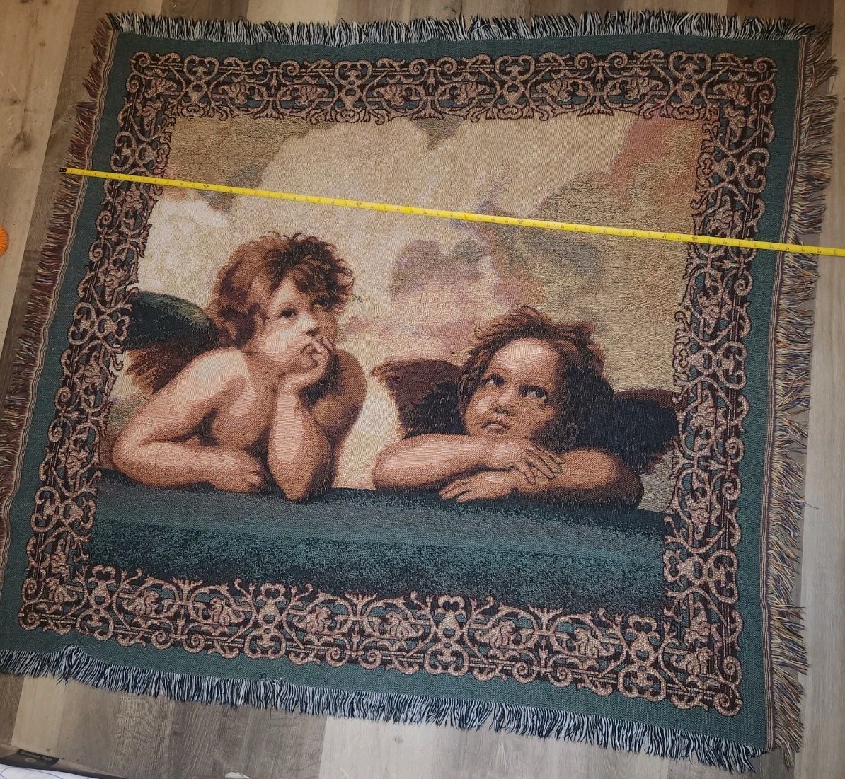 Vintage Raphael Cherub Tapestry Fringe Knit Throw Blanket Angel