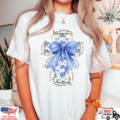 Christian Easter He Is Risen Floral Cross Faith Graphic Tee