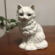 Vintage Artmark Ceramic Long Hair White Cat Green Eyes Made In Japan