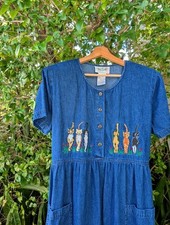 vintage maxi denim dress 16P 3 embroidered cats & butts 100% cotton cottagecore