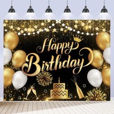 Happy Birthday Backdrop 10x8ft For Men Women Boys Girls Black and Gold Happy ...