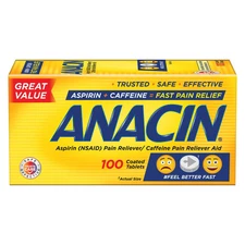 Anacin Aspirin 400mg Caffeine 32mg Pain Reliever & Aid Fast Relief 100ct 6 Pack