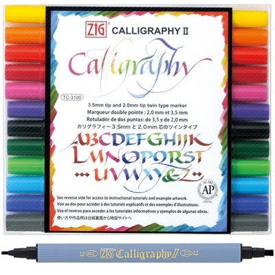 ZIG Calligraphy Marker Pens, 12 Colors set, 2mm & 3.5mm Dual Tip Markers, for...