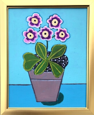 Original Gemälde einer Primula Auricula, Blütenblätter Volkskunst/naive Kunst, Zimmerpflanze