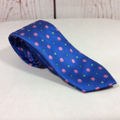 Joseph Turner Mens Designer Tie Blue Pure Silk Pink Floral Heavy Preppy Office