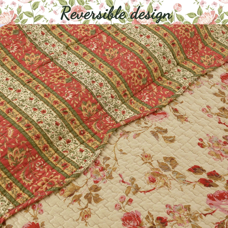 Vintage Rose Floral 100%Cotton 3-Piece Reversible Quilt Set, Bedspread, Coverlet - Image 3 of 4