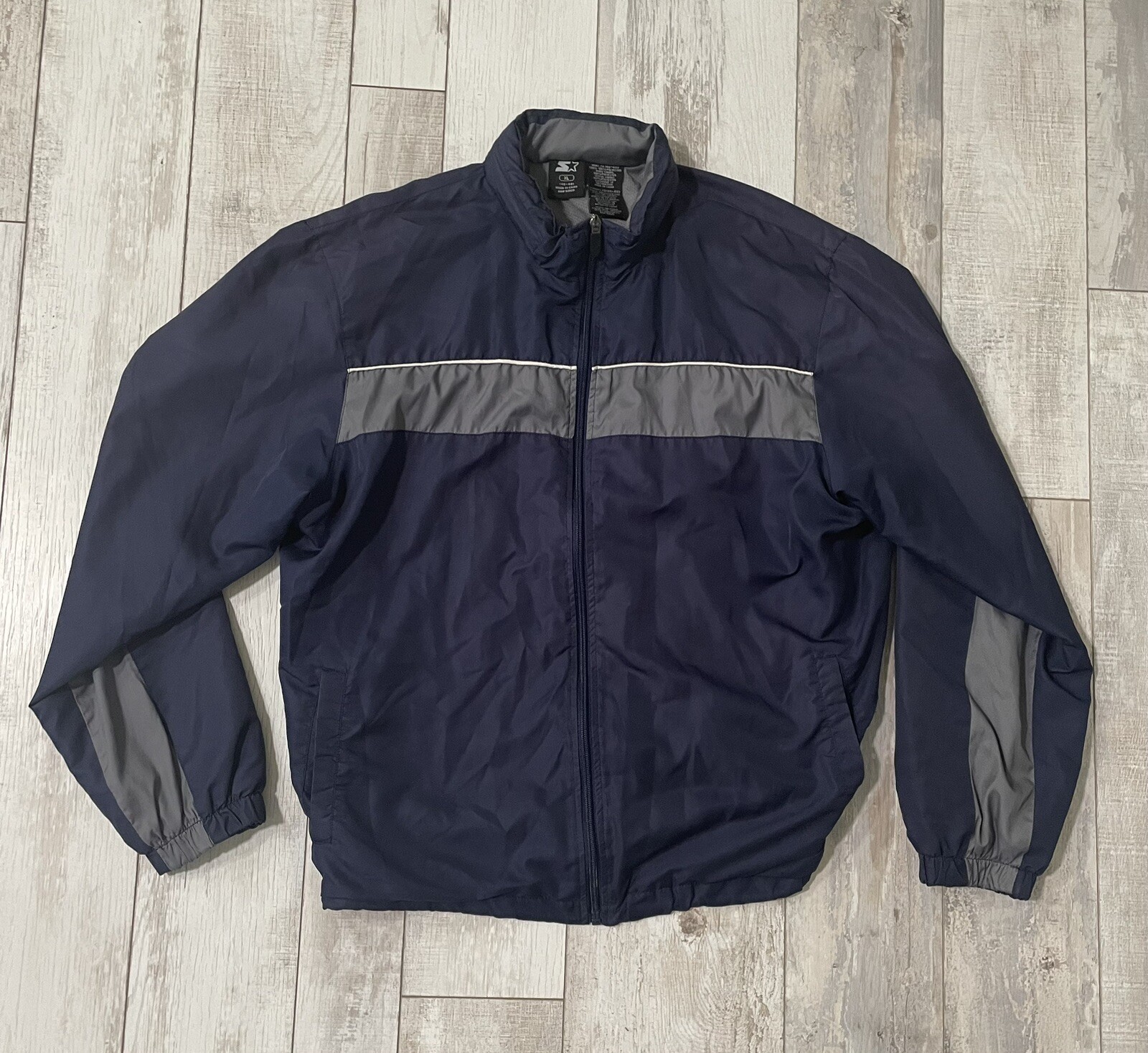 Vintage Starter Jacket Windbreaker XL Hidden Hood Navy/gray HOLE IN PIT