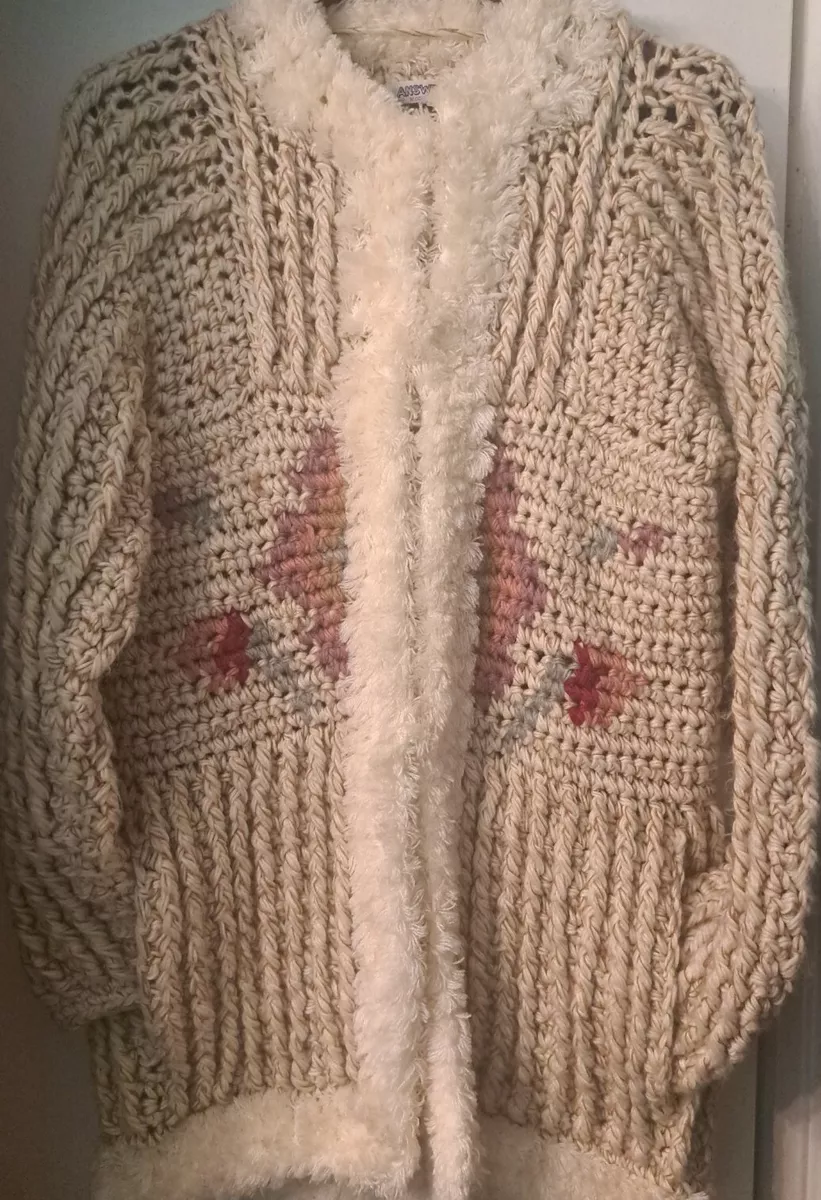 Answers By Riddles Vintage 70s Shaggy Chunky Knit Sweater Cardigan Large HTF
