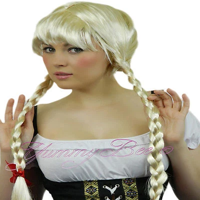 YUMMY BEE Blonde Pigtail Wig Fancy Dress Oktoberfest Heidi Schoolgirl Goldilocks Fringe UK