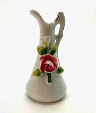Made In Occupied Japan 3.5 Inch Miniature Pitcher With Applied Roses & Gold Trim