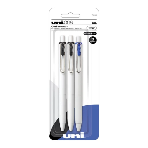 uniball one Retractable Gel Pens, Medium Point (0.7mm), Assorted Ink, 3 Pack