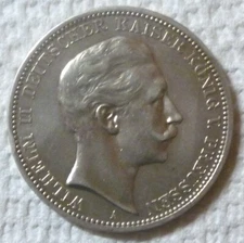 1908-A PRUSSIA - DREI 3 MARK - WILHELM II - .900 SILVER - 1/2 Oz - UNC - KEY